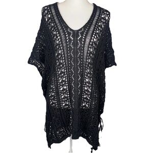 World Market Black OS Open Knit Sweater Tunic Cover Up Boho Chic Hippie Beach